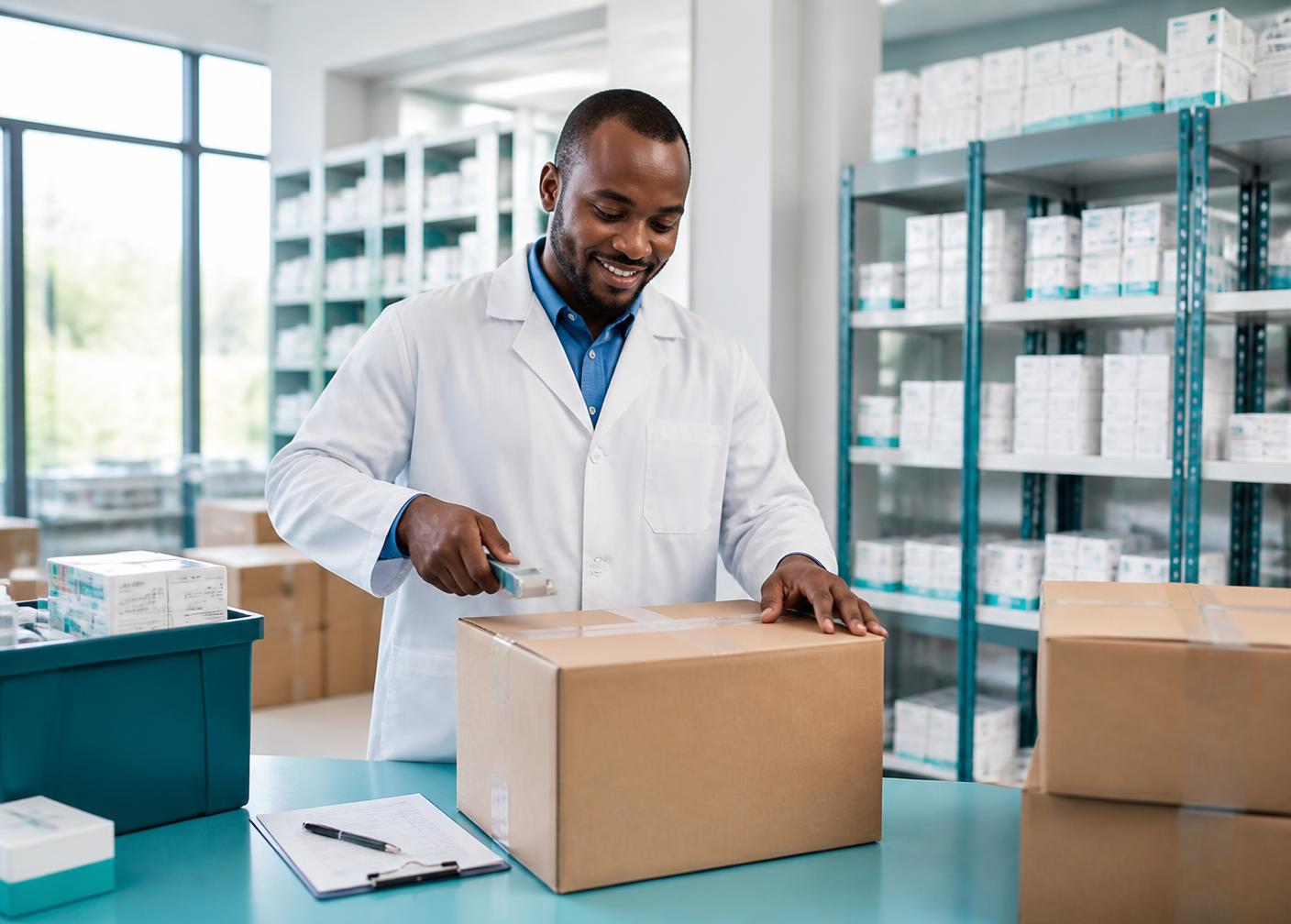 A Medcorp team member preparing sealed medical supply cartons for institutional delivery