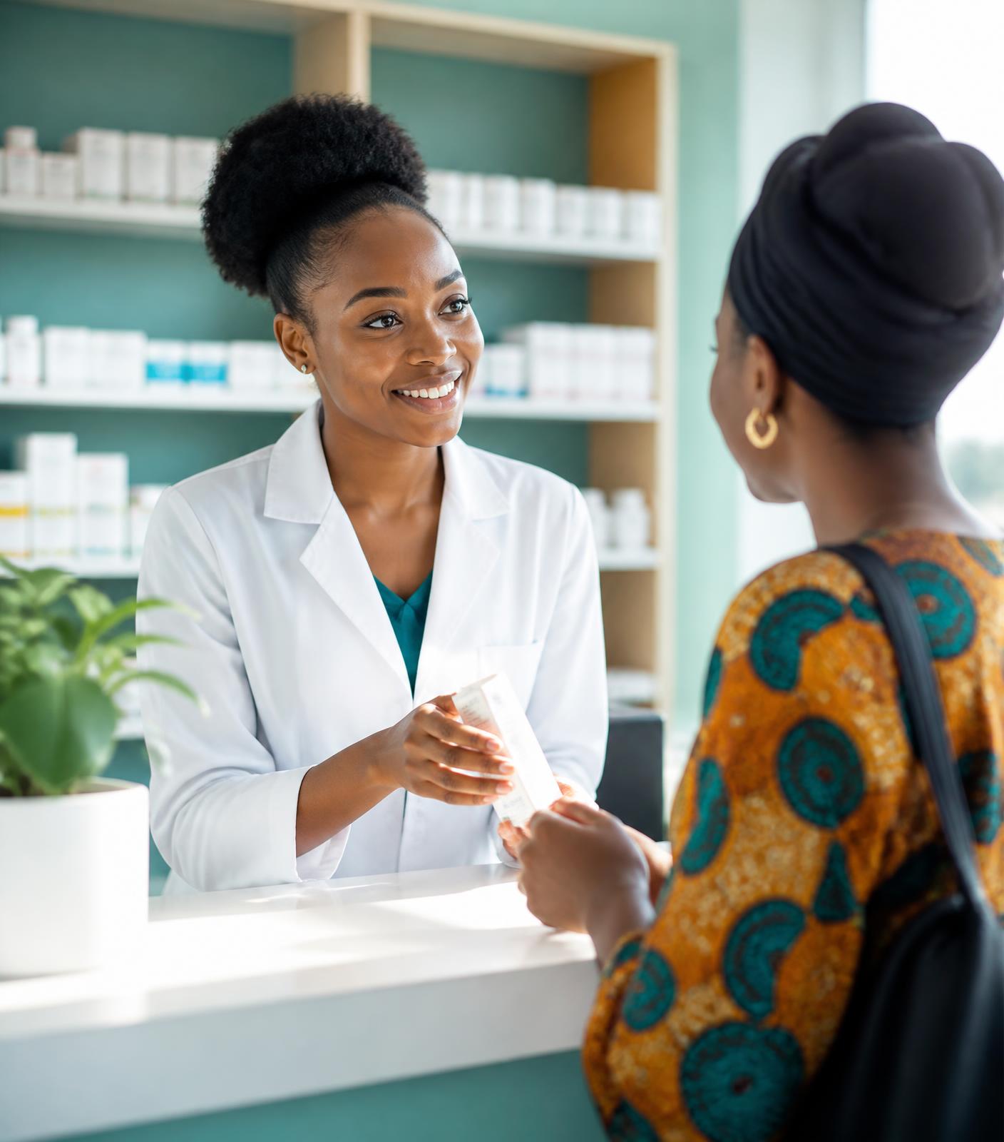 A pharmacist at Medcorp Pharmacy in Kitwe handing a medicine pack to a customer at the counter