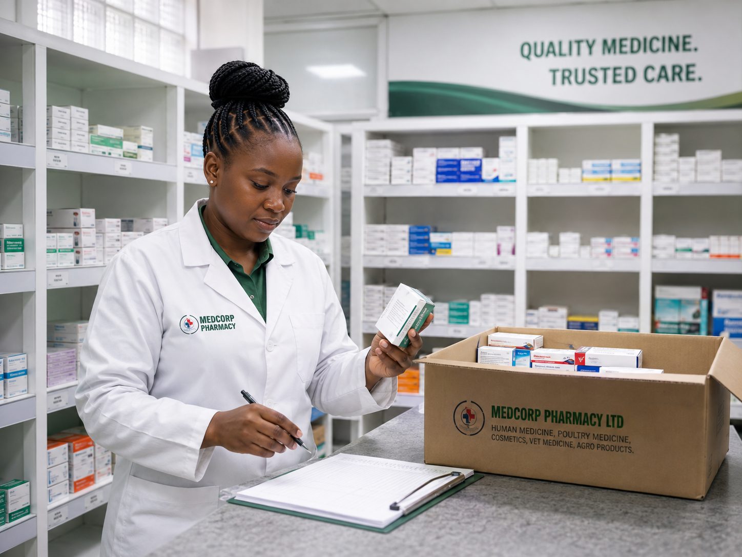 Medcorp pharmacy staff checking and organising medicine stock